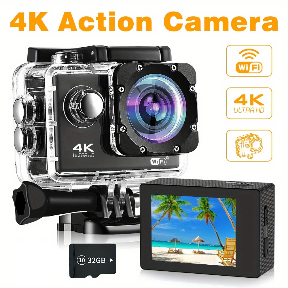 

Экшн-камера 4K с 140 ° Широкий угол 2,0 дюйма + Wi-Fi - управление через приложение 30 м водонепроницаемый велосипед для дайвинга и катания на лыжах мотоциклы спорт