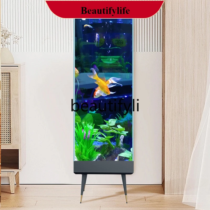 

Small floor-to-ceiling tall ultra-white glass aquarium next to the goldfish tank vertical TV cabinet A