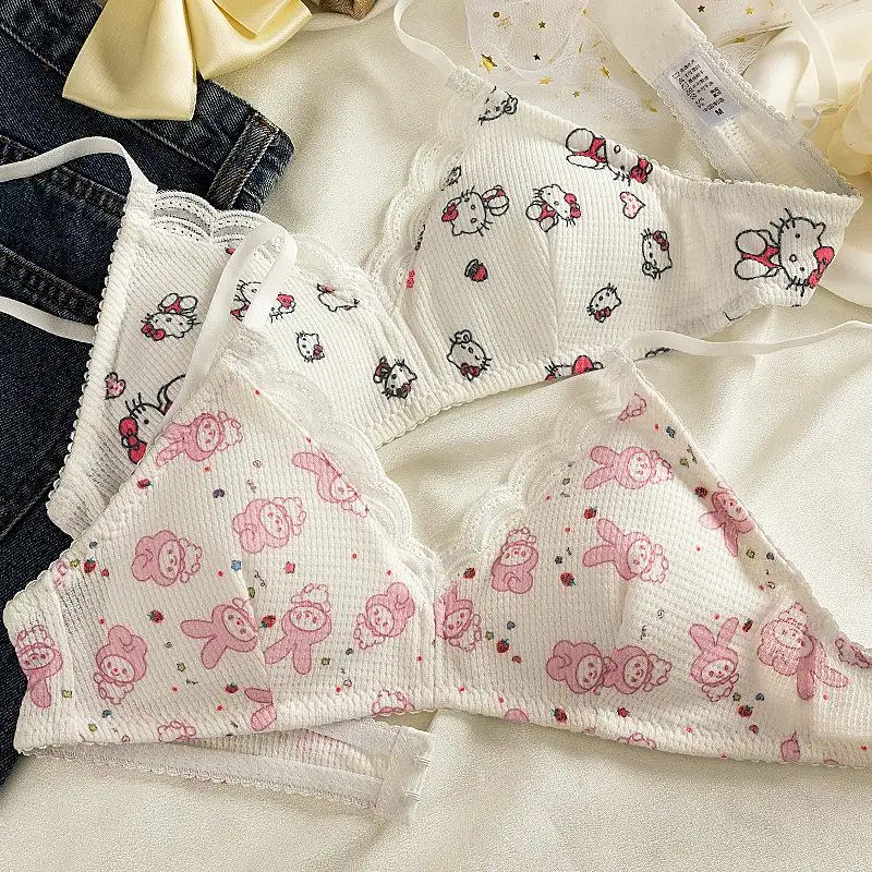 French Lace Triangle Cup Sanrios Bra Girl Cute Hellokitty Thin Half Cup Small Chest Gathering No Steel Ring Comfortable Bras Set