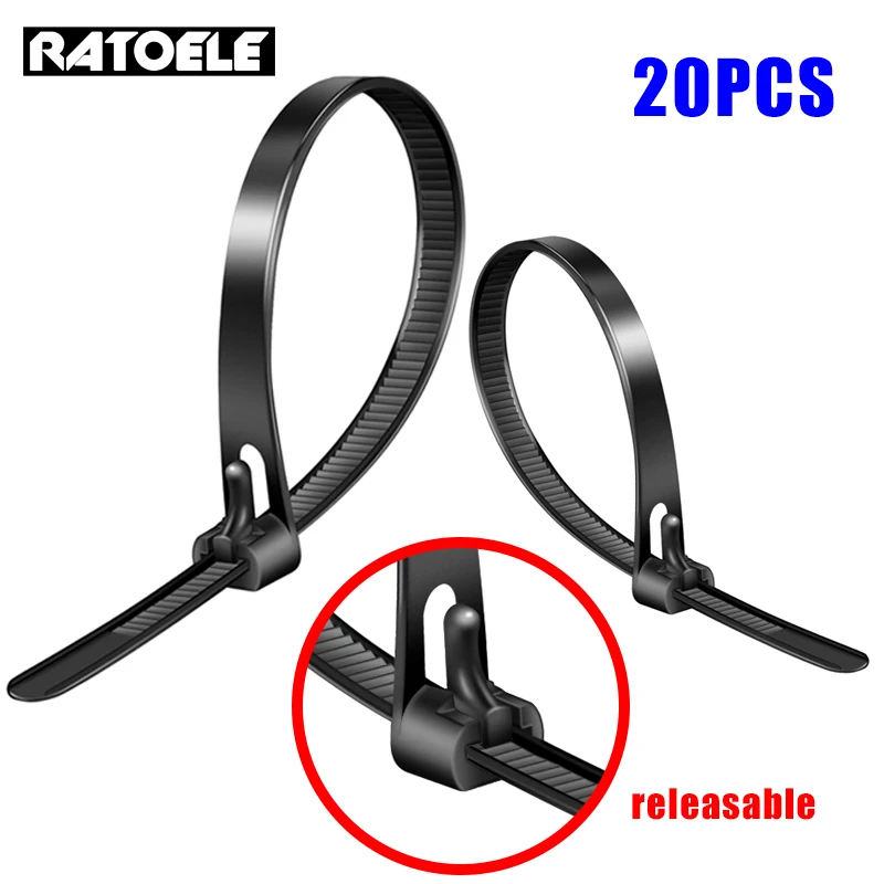 20PCS Releasable Cable Ties 8×200mm Black White Plastics Reusable Loop Wrap Nylon Zip Ties BundleTies