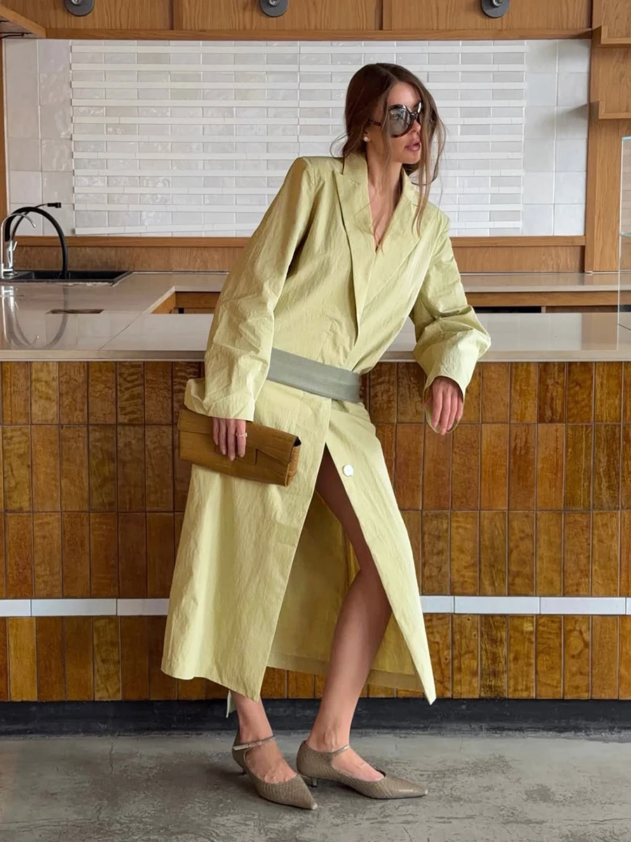 LIMO Women Lapel Open Front Long Trench Coat Belted Split Oversized Loose Outerwear