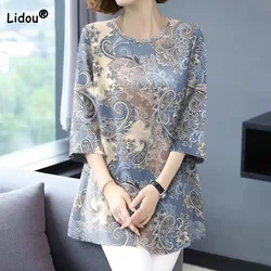 Casual Womens Clothing Vintage 3/4 Sleeve Printed T-shirt Loose Summer All-match Round Neck Midi Pullovers Tops Female Clothing