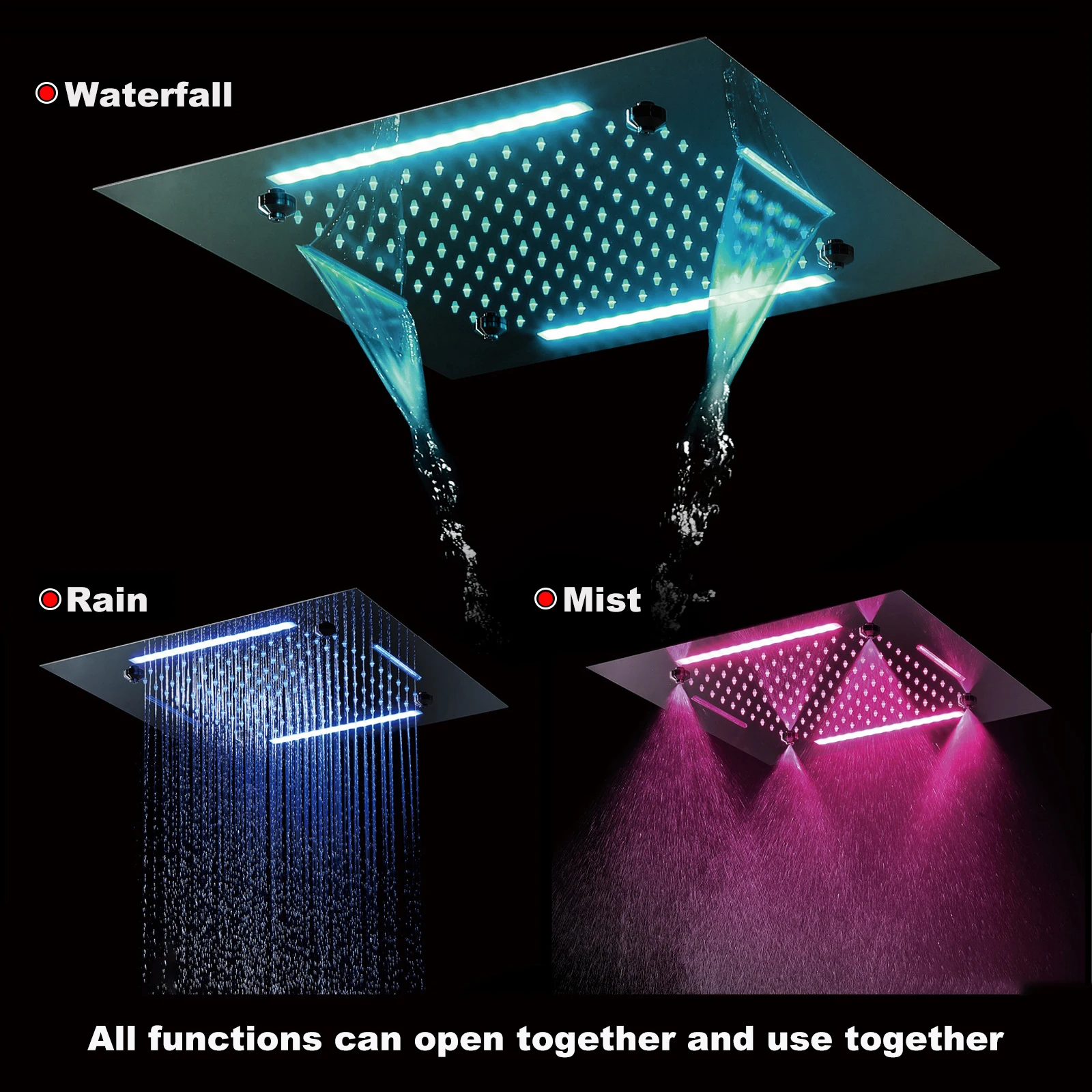 Qlonn Luxury 500*500mm LED Lighting Shower Head Embedded Ceiling 3 Functions Shower Panel Rain Smart Massage Bathroom Accessory