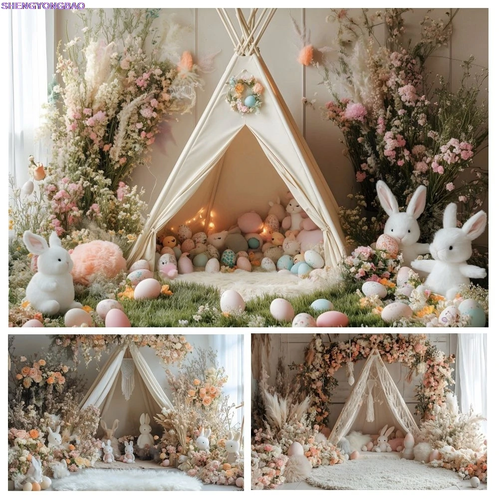ربيع عيد الفصح التصوير خلفية بوهو زهرة خيمة الأرنب الملونة البيض أرنب الاطفال حفلة عيد ميلاد ديكور خلفية استوديو الصور