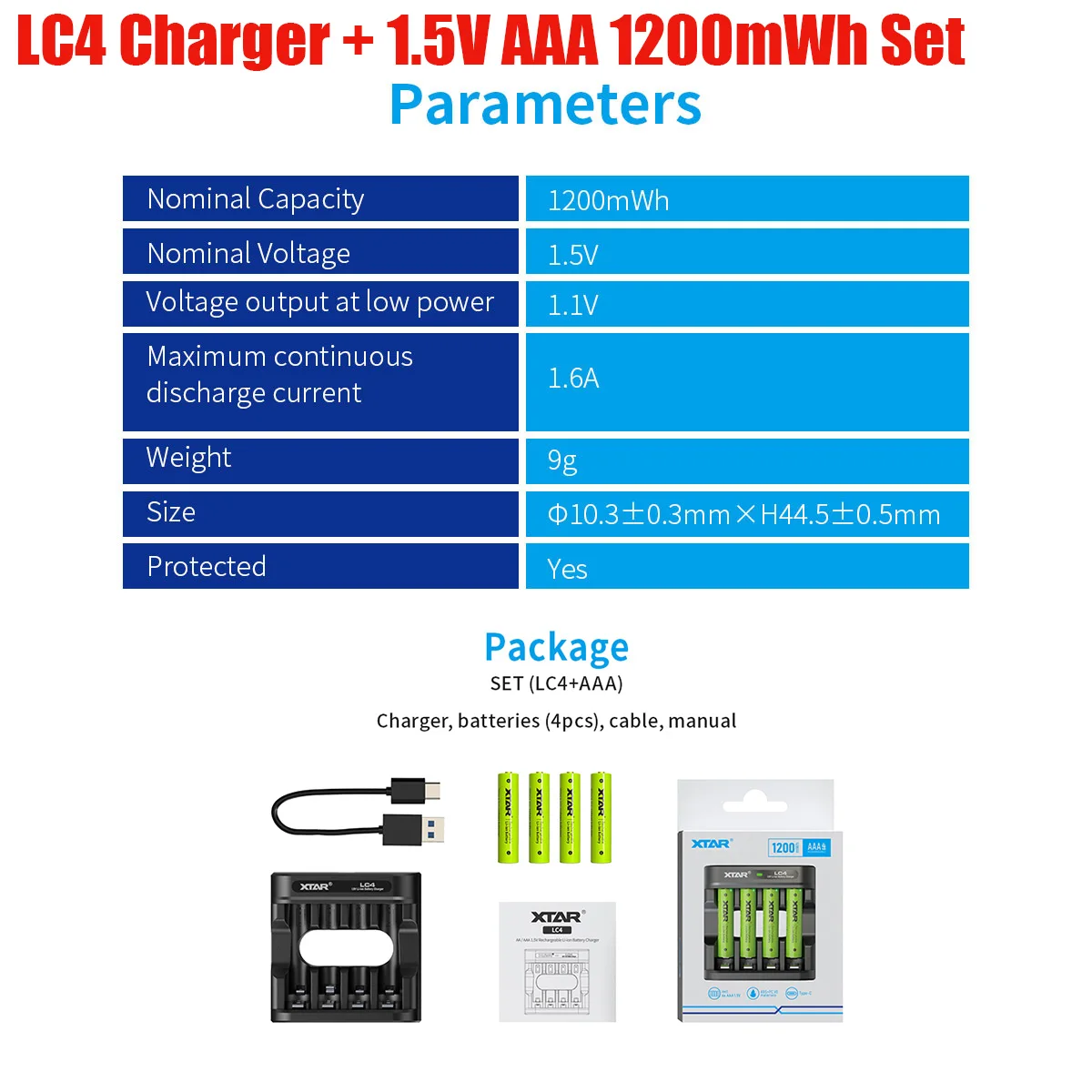 XTAR-cargador de batería LC4, 4 piezas, batería AAA de 1,5 V, 1200mWh, batería recargable de iones de litio con indicador LED o pilas AA 2700MWh