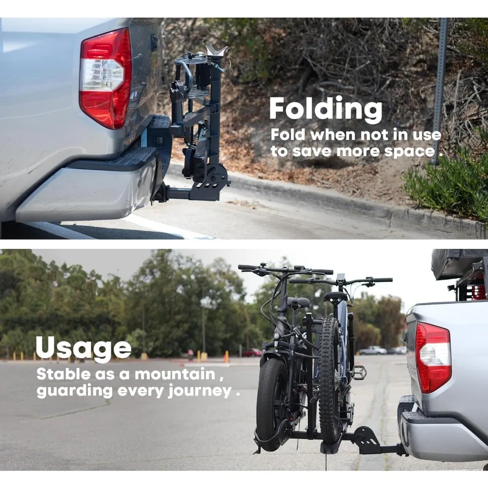 EBike Rack with Ramp, 200 lbs Capacity Heavy Bike Rack Electric Bike Carrier for 2 E-Bike, Foldable Bike Racks for Tow Hitch Up