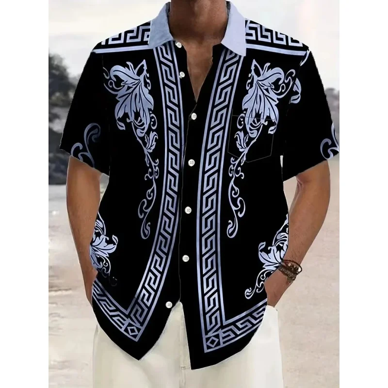 Retro Luxury Pattern Hawaiian Shirts For Men Exquisite Stripe 3D Printed Tops Short Sleeve Fashion Street Lapel Button Blouse