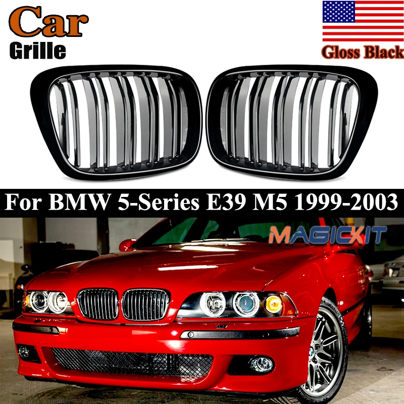 new Magickit Front Grille Assembly，BMW E39 525 528 530 535 M5 1999-2003 Glossy Black Front Kidney Grilles Racing Grill