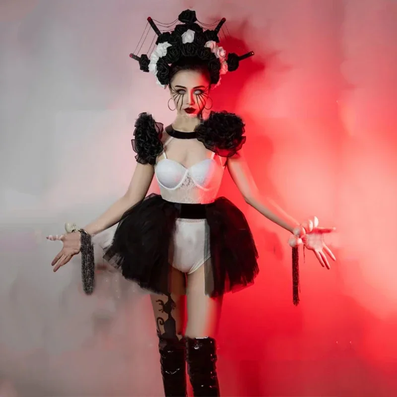 مثير العنكبوت الجمجمة أغطية الرأس الأبيض ارتداءها تنورة هالوين حفلة جوجو زي ملهى ليلي Dj Ds القطب الرقص الهذيان الزي XS5324
