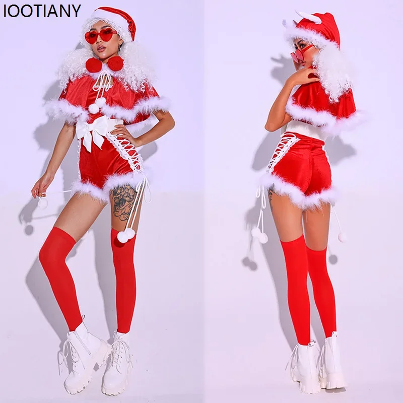 CosplayWomen مثير فستان عيد الميلاد سانتا كلوز تأثيري الأحمر شال السراويل بذلة ملهى ليلي بار GOGO DJ DS راقصة دعوى عيد الميلاد G