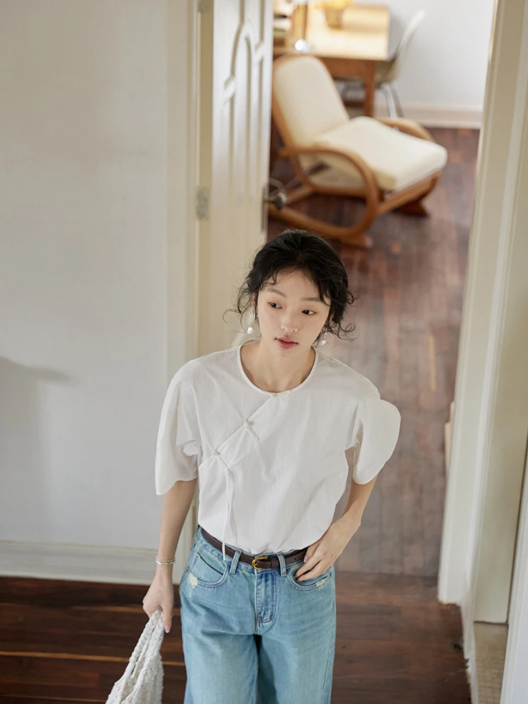 

Handmade round Ne Bubble Sve irt Small Top Cotton Traditional Chinese Sle Button Side Slit Women's Summer Breathable