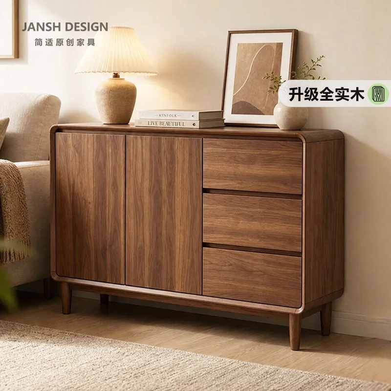 Walnut solid dining side wooden cabinet New Chinese-style household texture against the wall Kitchen locker Living room storage