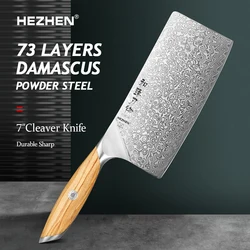 HEZHEN 7 Inch Cleaver Knife 73 Layers Powder Steel Core Damascus Steel Slice Knife Olive Wood Handle Kitchen Knife