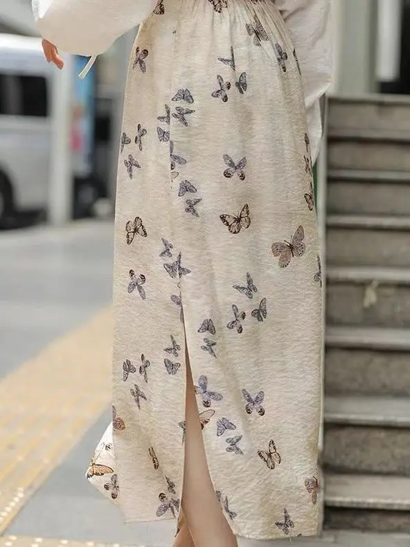 High Waist Midi Asymmetrical Print Linen Skirt Women's Summer Slim Fit Split Chinese Style Half-length Skirt with Inner 