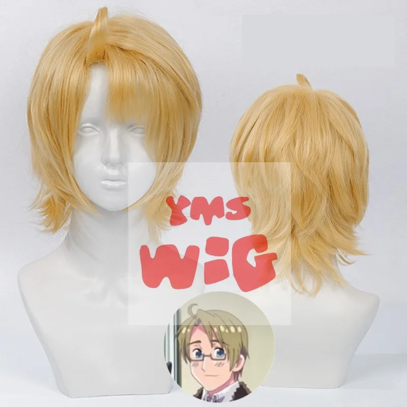 APH Axis Powers Hetalia Alfred F Jones Cosplay Wigs Short Golden Heat Resistant Synthetic Hair Wigs + Free Wig Cap