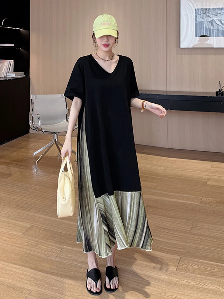 NYFS Abito estivo da donna Allentato plus Size Manica corta Patchwork nero Orlo in seta Abito lungo Robe Ete Femme Elbise 2025 Nuovo
