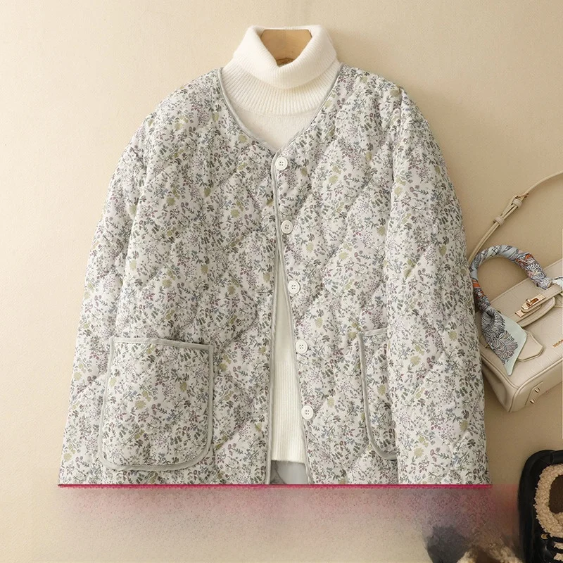 

Winter Thiened Lightweight Cotton Jaet Single Button Warmth Floral Print Casual Sli round Ne Long Sve Coat