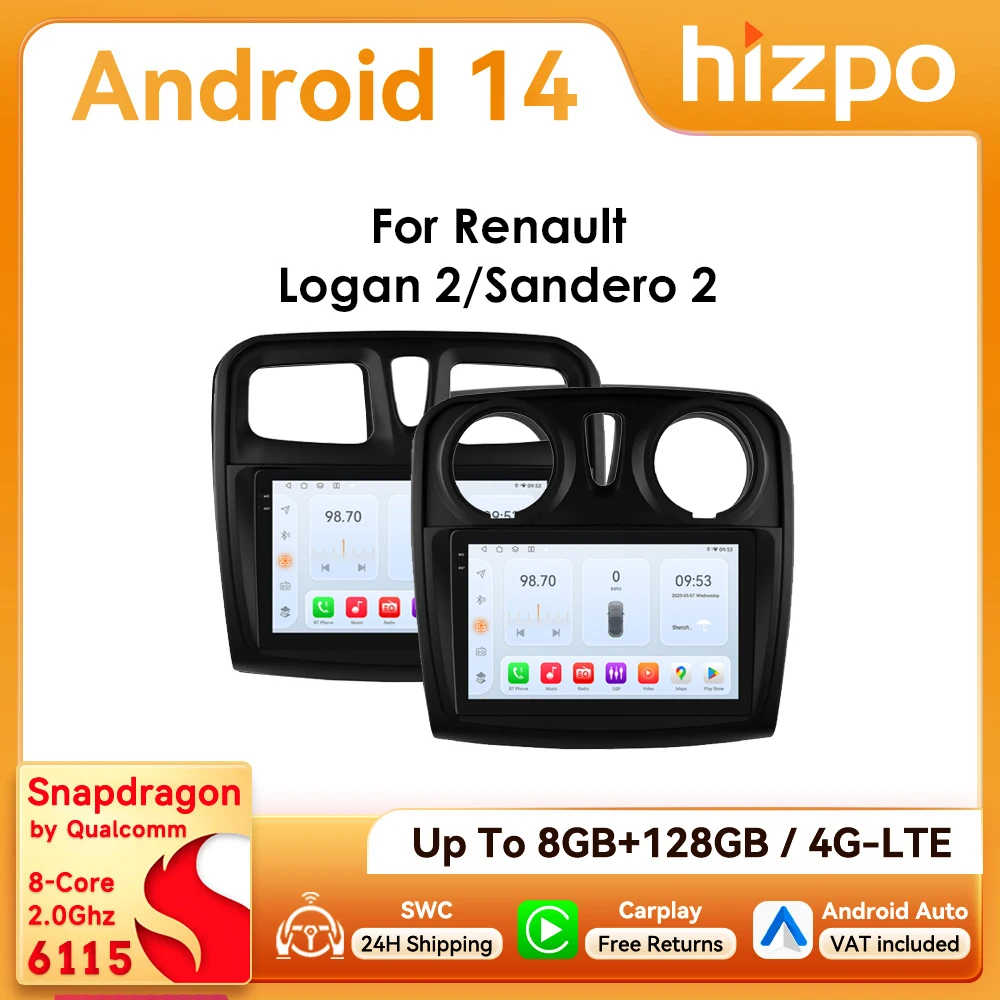 Autoradio 9 " Hizpo 2Din Android14 per Renault Logan 2 2012 - 2019 Sandero Snapdragon 6115 Navi GPS BT 4G DSP RDS Auto CarPlay