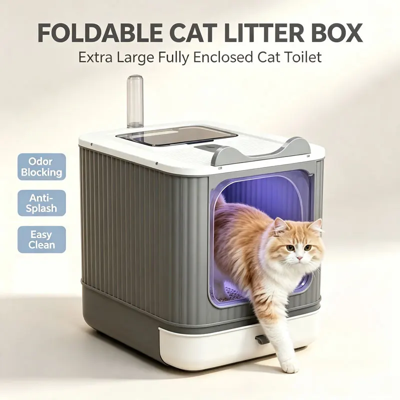 Extra Large Fully Enclosed Foldable Cat Litter Box, Top Entry Anti-Splash Odor Blocking Cat Toilet Easy Clean Indoor Cat Potty