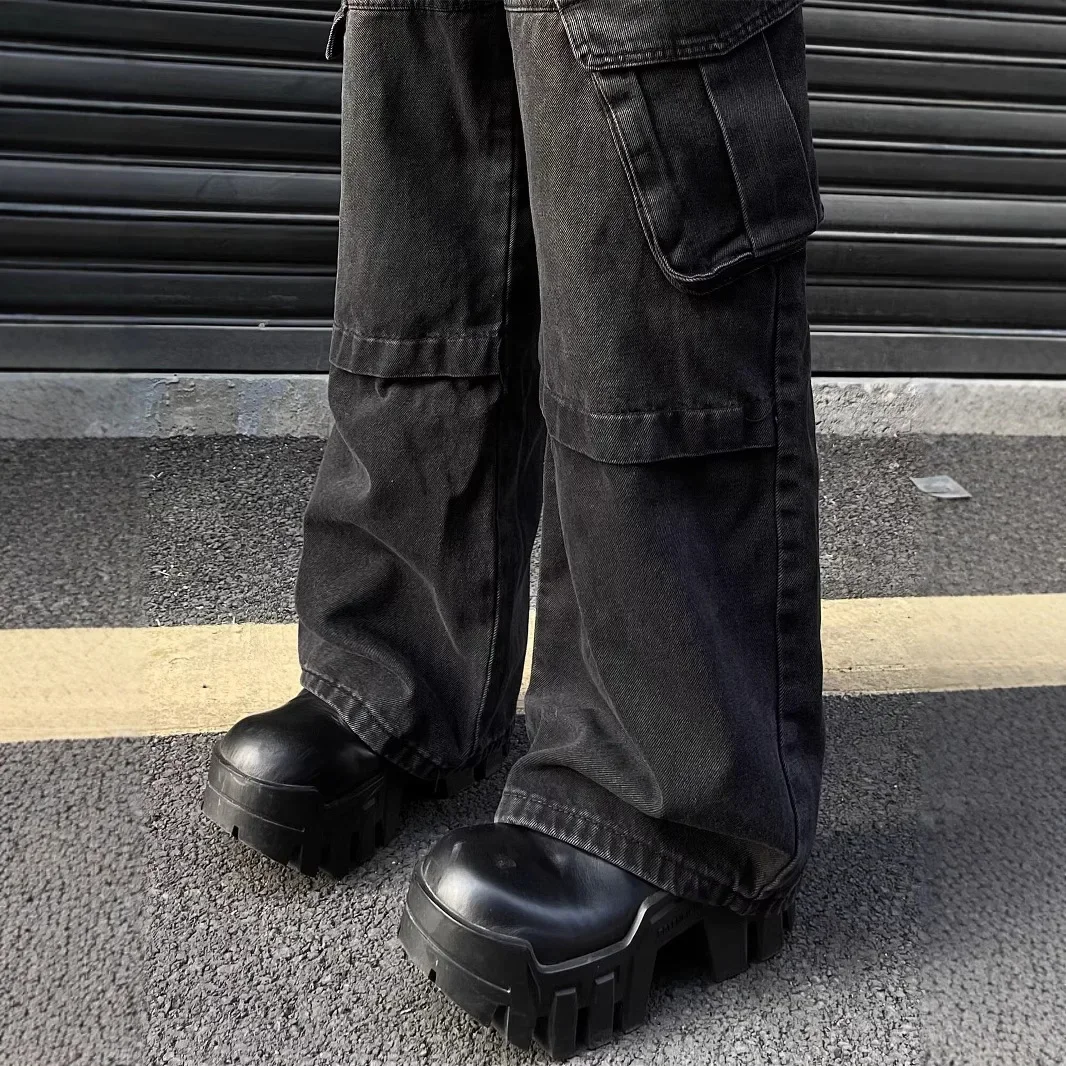 กางเกงยีนส์ขายาวฮิปฮอปหลวมฤดูใบไม้ผลิและฤดูใบไม้ร่วงของผู้ชายพร้อมกระเป๋าซิปขนาดใหญ่ของแบรนด์แฟชั่น High Street สไตล์ชุดทํางาน