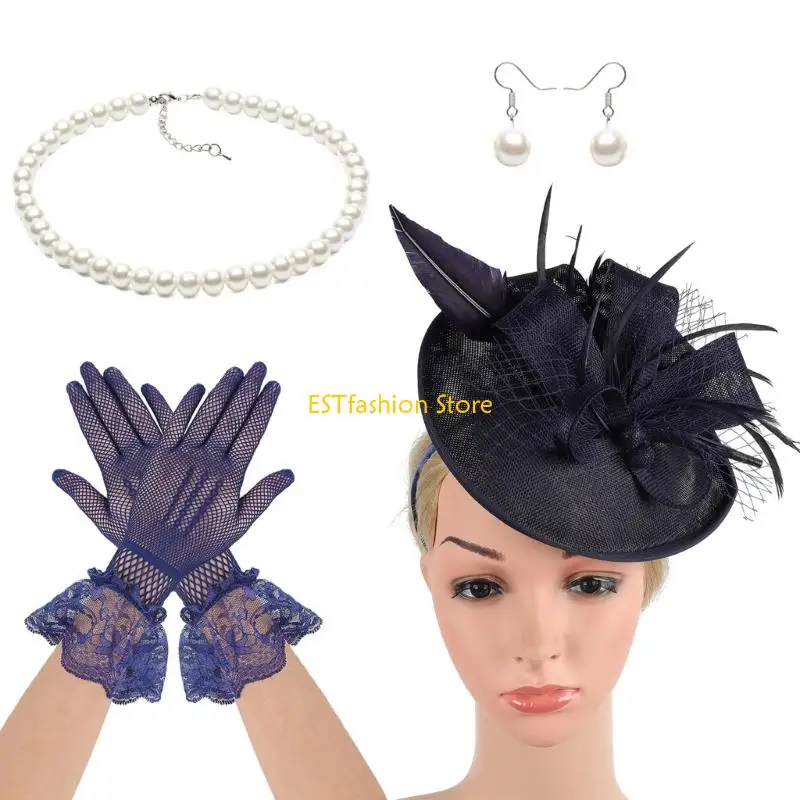 Y5GC Horse Racing Derby Hat Headbands With Necklace Earrings Gloves For Women Formal and Casual Outfit Masquerades Accessory