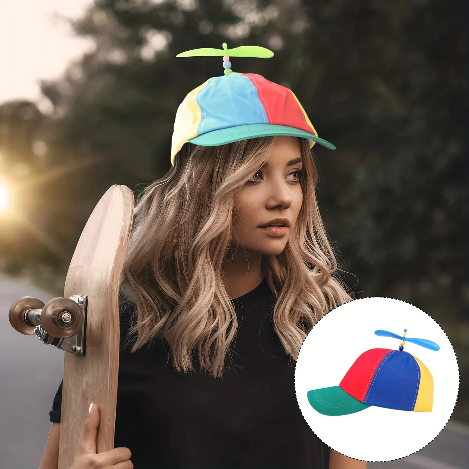 Rainbow Watermelon Hat Bamboo Dragonfly Propeller Detachable Baseball Hat Spliced Color Duck Tongue Hat