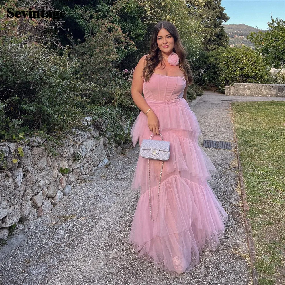 

Sevintage Baby Pink Tulle Prom Dresses Strapless Tiered Pleat Ruched Floor Length Formal Occasion Dresses فستان سهرة نسائ 2023