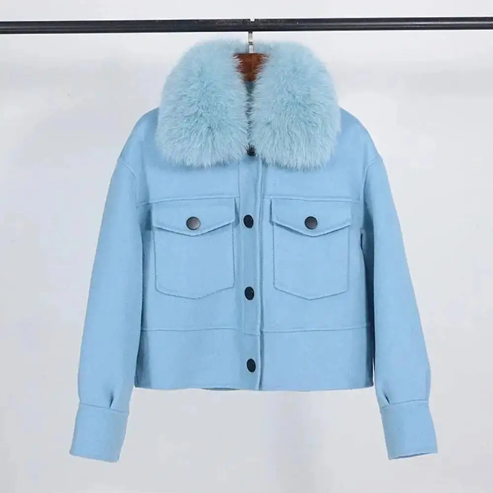 

Women New Autumn Winter Real Fox Collar 10% Cashmere 90% Fur Jacket Short Casual Loose Wool Coat