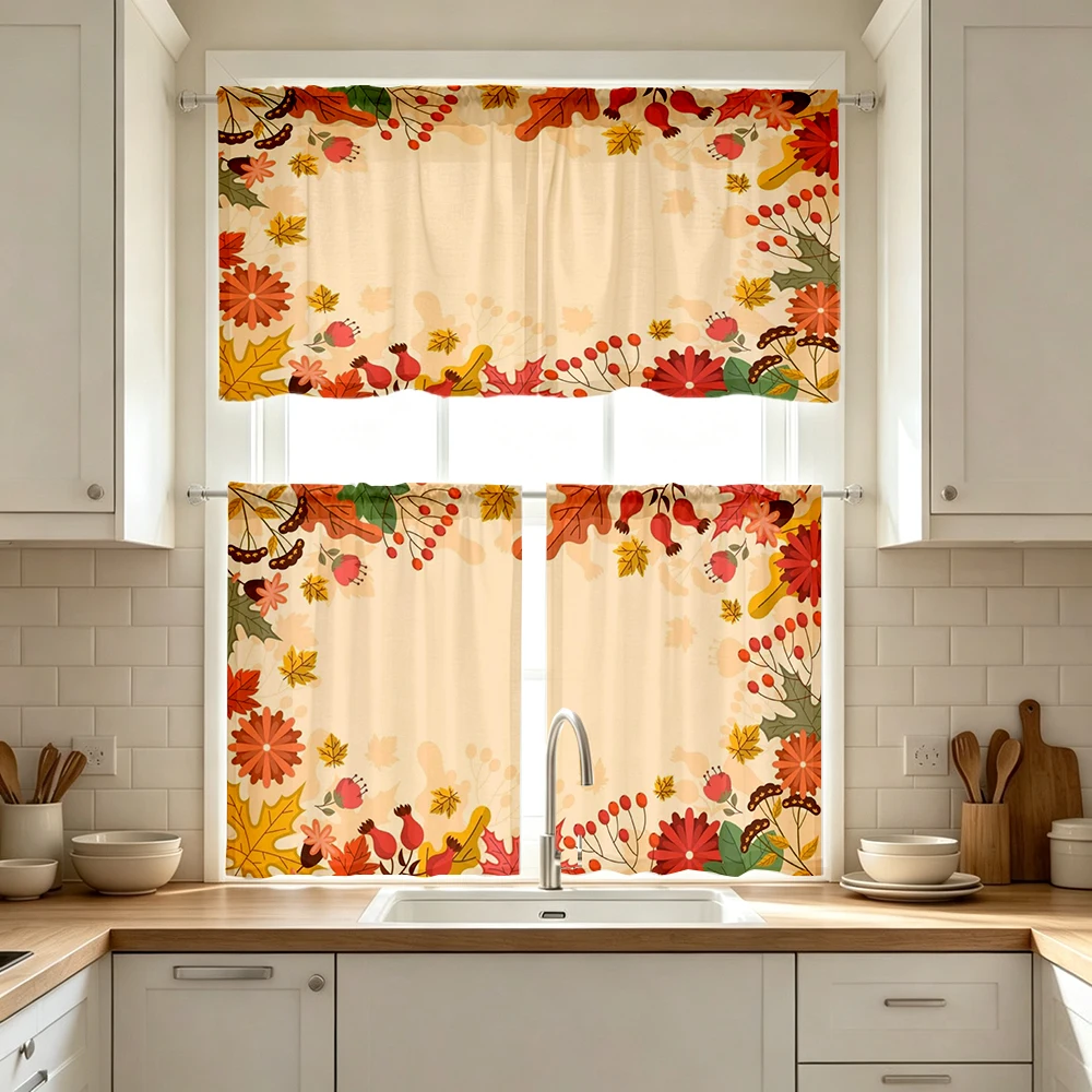 Fall Kitchen Curtains, Autumn Berry Leaf Borders, Digital Print, Kitchen Dining Room, Rod Pocket Polyester, Home Decor