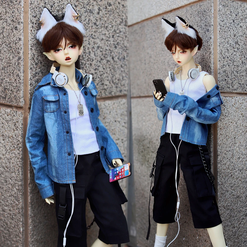 new 1/4 1/3 fashion denim shirt/white vest/cargo pants/wolf ear headwear DD MSD uncle casual jacket BJD doll clothes accessories