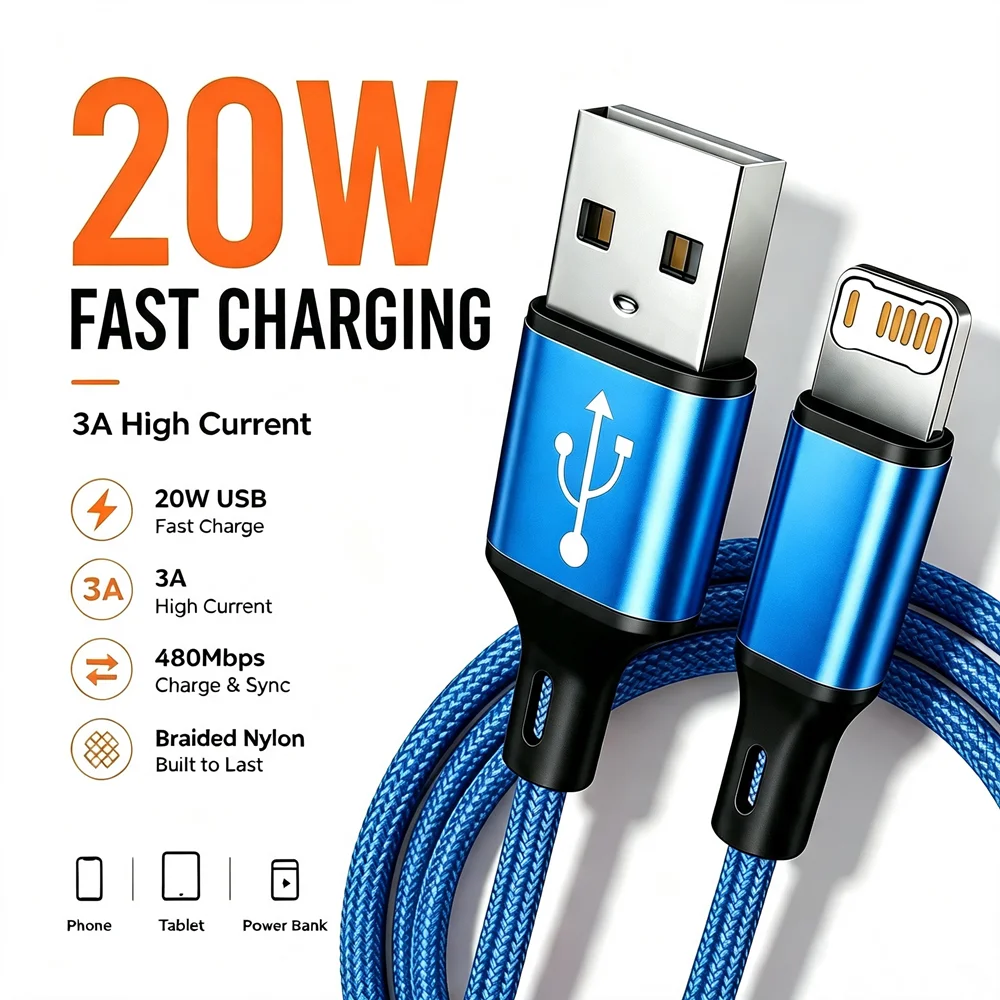3PCS 20W USB Fast Charging Nylon Braided Cable For iPhone 11 12 13 14 Pro Max X XR XS Max SE Quick Charge USB-A Data Sync Cables