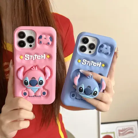 3D Stereoscopic Cute Cartoon Disney Stitch Stand Holder Phone Case For iPhone 16 15 14 13 12 11 Pro Max Soft Silicone Cover