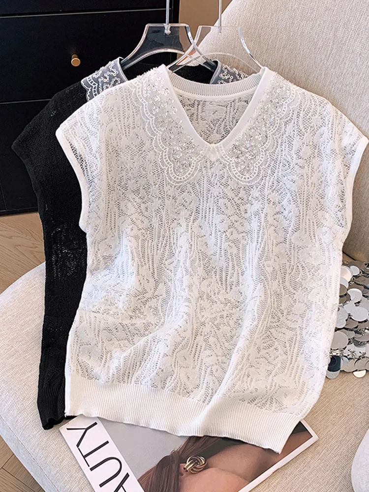 2024 Summer Lace Vests Women Elegant Stylish Fashion Chic Tops Pullovers V-neck Ladies Women\'s Jumpers Knitwear Femme