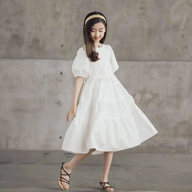 2022 Girls Summer white Dresses Solid Cotton Swing Dress Puff Sleeve Casual teenager Children Clothing Ruffles 8 9 10 11 12 year AliExpress