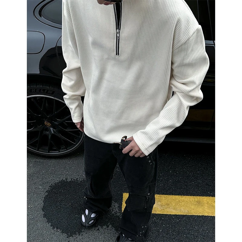 2026 Men Henry Collar Ribbed Half Zip Sweatshirt Spring Autumn Lazy Loose Trendy Vertical Striped Texture Long Sleeve Tops
