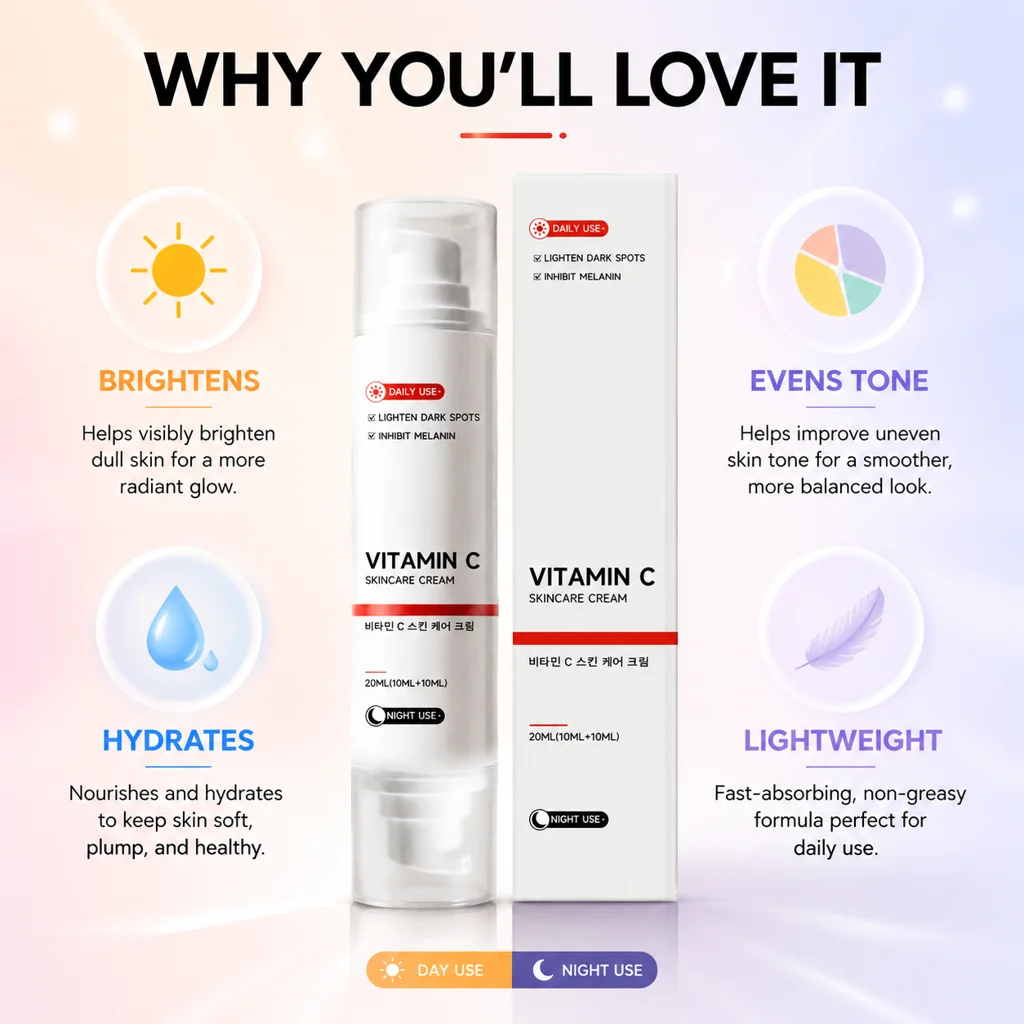 2 in 1 Daily Vitamin C Day Night Cream Dual Tube Face Cream Face Gentle Moisturizer Lightweight Hydrating Skin Care Cream 20ml