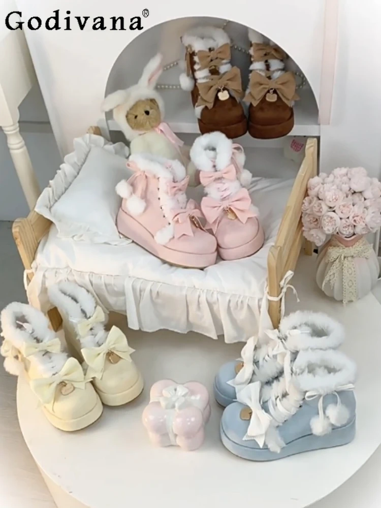 

Japanese Style Original Lolita Thick-Soled Height-Increasing Shoes Sweet Cute Bowknot Plush Warm Versatile Snow Boots for Women