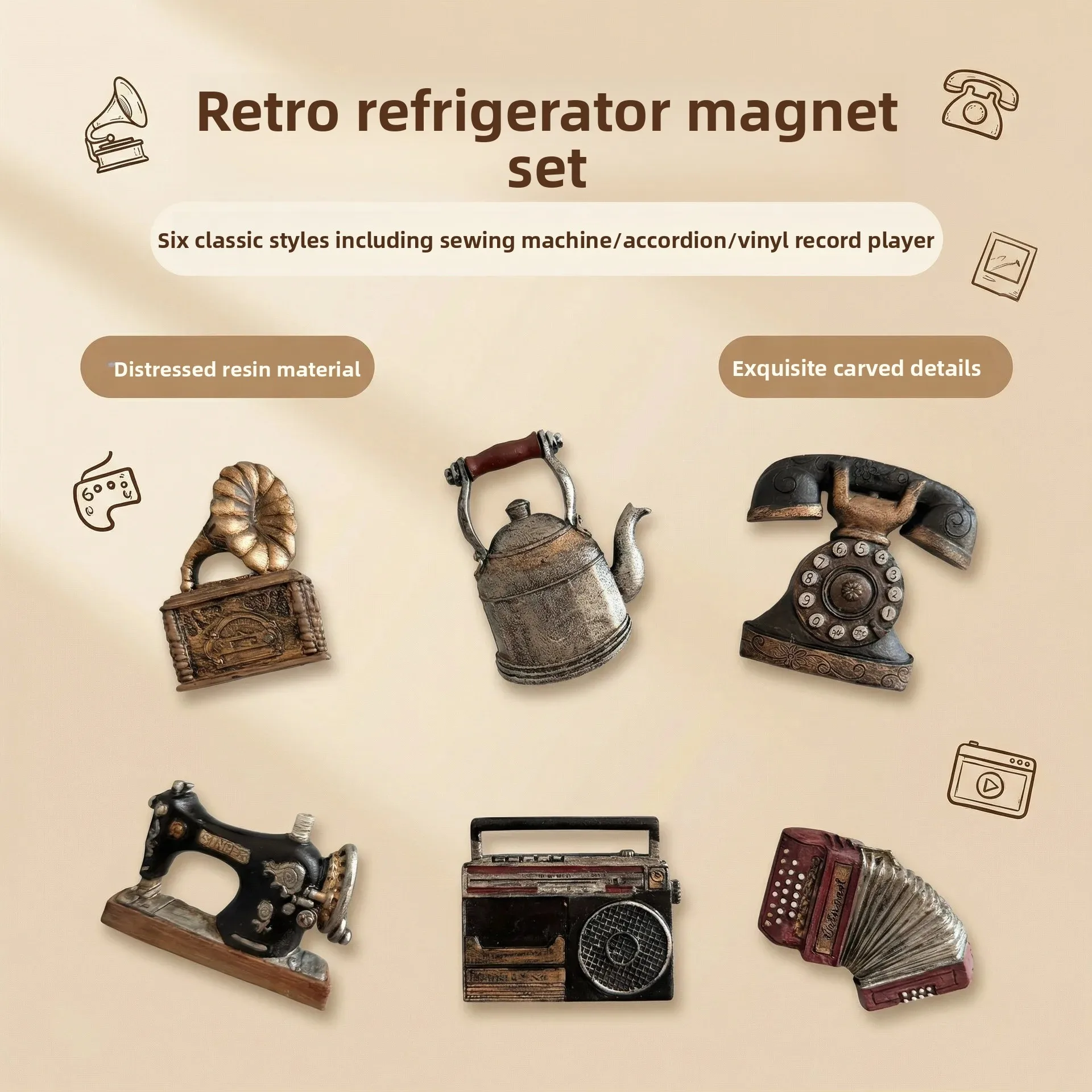 Retro Creative European Phonograph Accordion Refrigerator Sticker Resin Magnet Decoration Homemade Home Souvenir