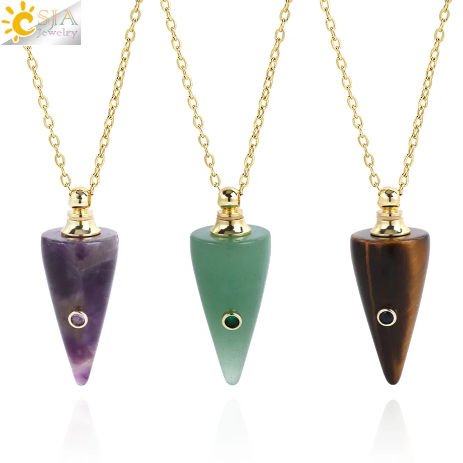 Gold Color Crystal Perfume Bottle Necklace Cone Pendant Charm Natural Stone Amethyst Pendants Essential Oil Diffuser Vial H961