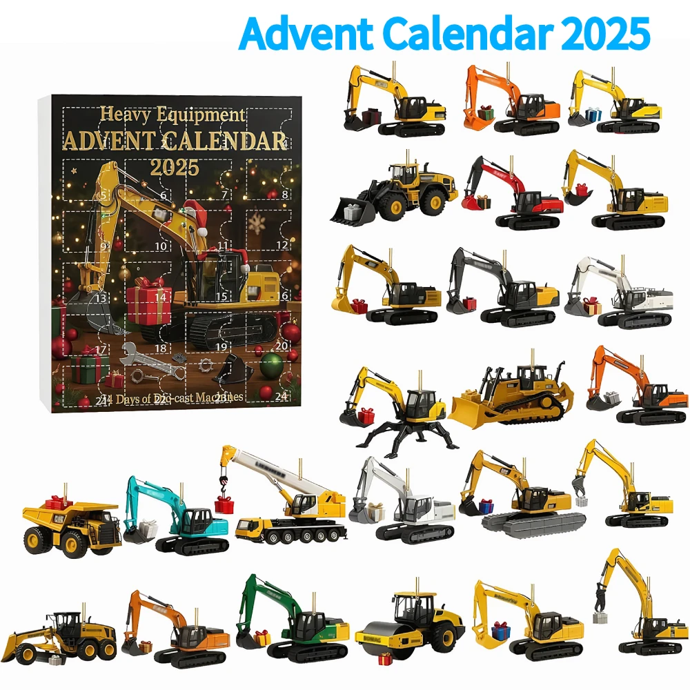Calendrier de l'Avent pour équipement lourd 2025 Ornements de véhicules de construction plats 2D Calendrier de compte à rebours de Noël de 24 jours pour garçons et filles