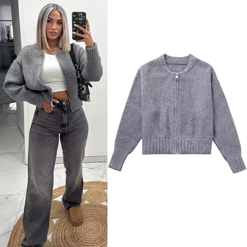 Fashion Kint Grey Zippers Women Cardigan Sweater Spring Long Sleeve Pleater Female Sweaters Elegant Casual Lady Outwear