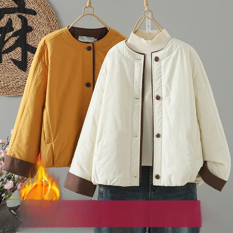 

Color Blo Cotton Jaet Women's Small Size Winter New High End Loose Warm Pure Color Cotton Coat Fem Long Sve round Ne