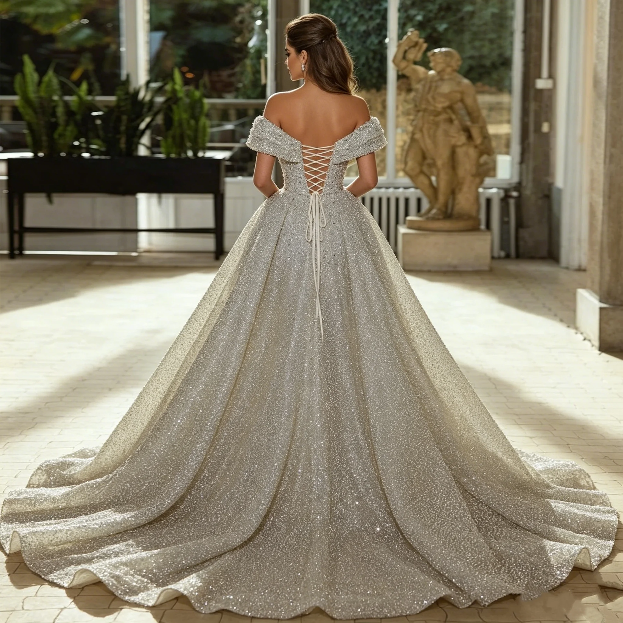 Luxuriöse Damen Sexy Off-Shoulder Brautkleider Hochwertige Spitze Funkelnde Perlenbesatz Prinzessinnen-Hochzeitskleider Formelle Partykleider