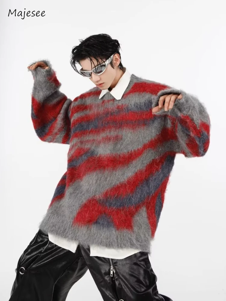 

Sweaters Men Handsome Slouchy Hip Hop O-neck Contrast Color Korean Style Harajuku Advanced Temperament Males Knitwear Autumn