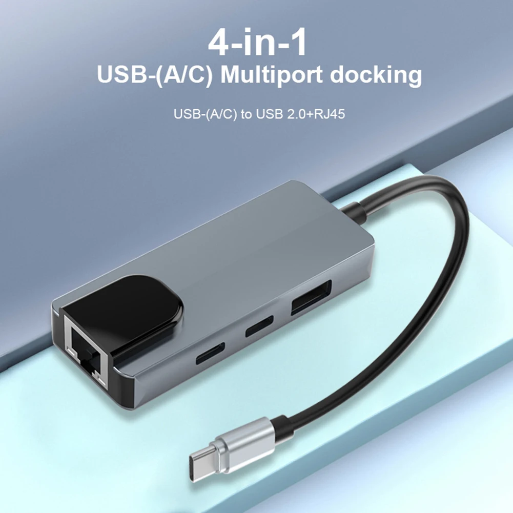 4 in 1 USB Type C To RJ45 Lan Network Card with 2* USB-C 1*USB-A 2.0 1*RJ45 100Mbps USB C To Ethernet Adapter for Laptop