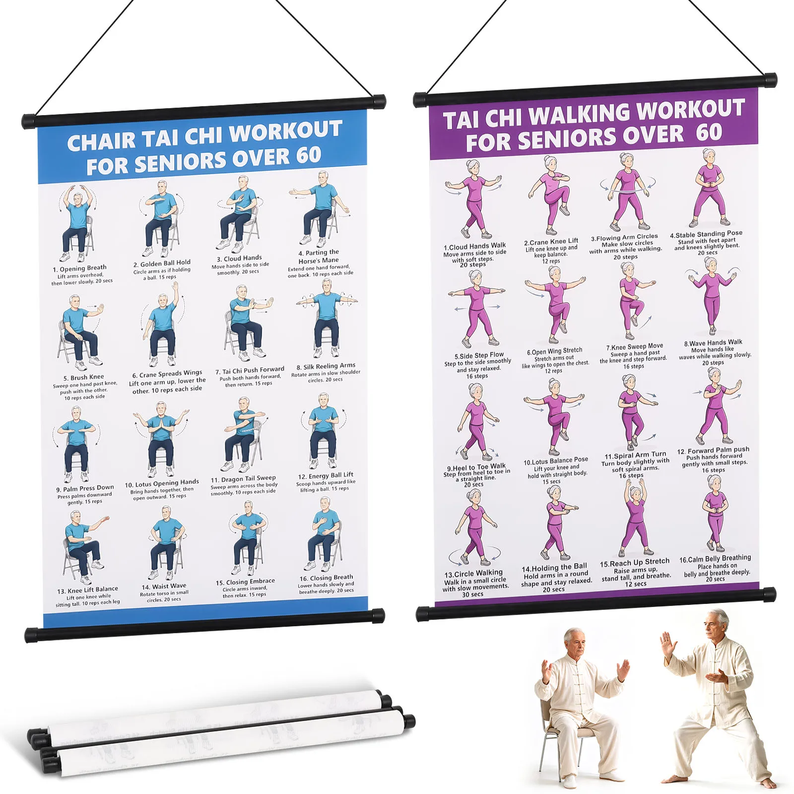 1/2Pc Tai Chi Fitness Poster Hanging Tai Chi Seated and Walking Exercise Guide Chart Senior Tai Chi Exercise Poster for Home Gym