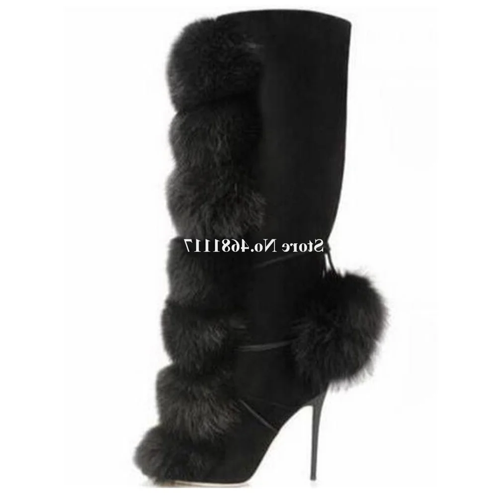 Fluff Knee High Boots Round Toe Black Suede Fur Ball Thin Heel Boots Slip On Lace Up High Heel Boots Winter Women Fashion Boots