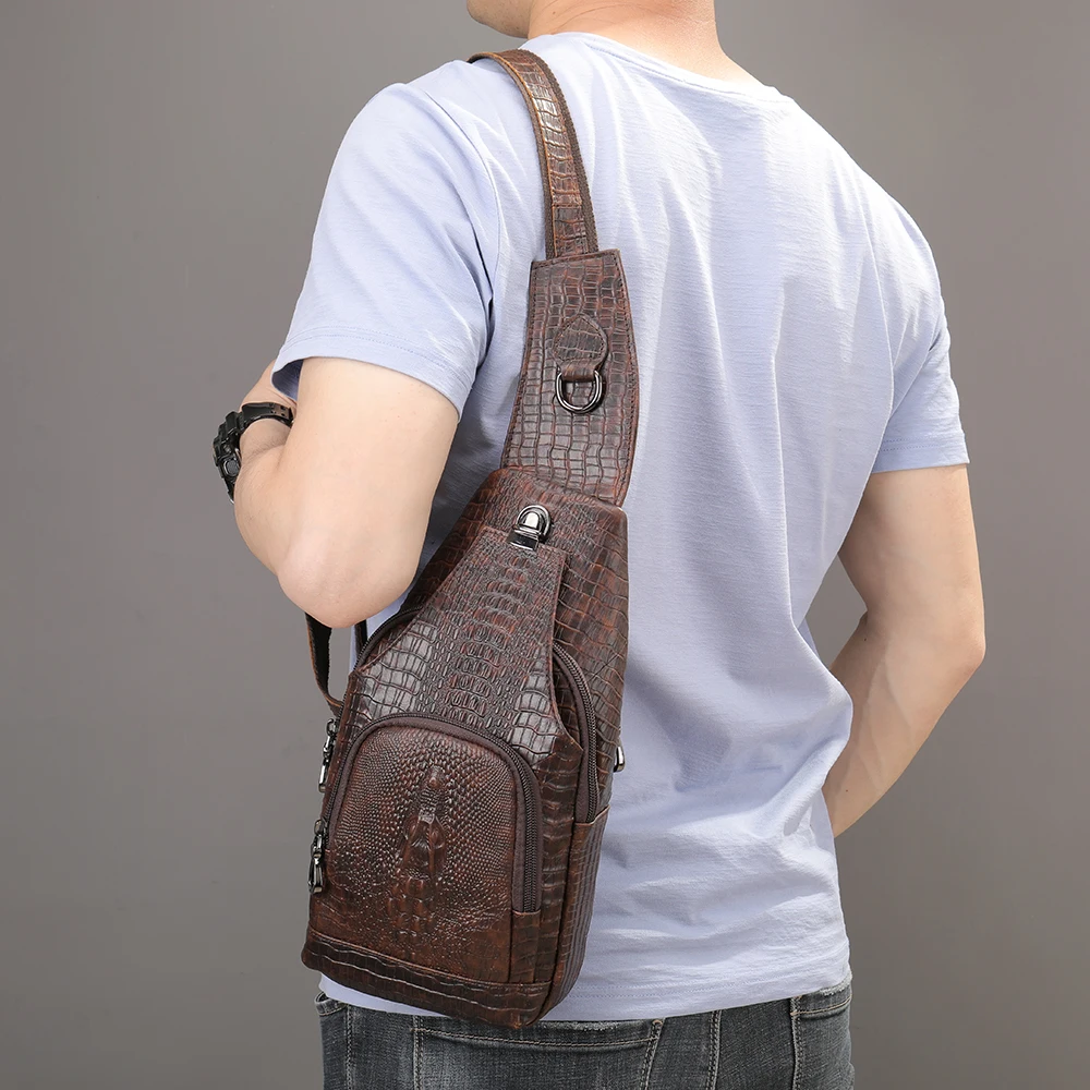 WESTAL Anti-Thief Genuine Leather Sling Bag Chest Shoulder Bag for Travel Hiking Croco Design Chest Pack Outdoor Messenger Bags