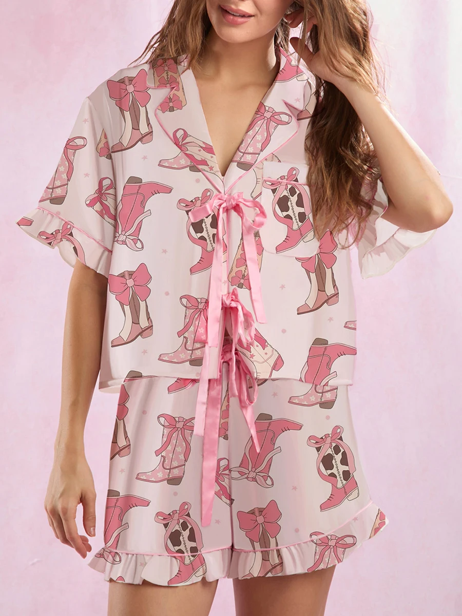 Ensemble pyjama pour femmes avec haut à manches courtes et short à volants à taille élastique, imprimé de bottes en coquillage, noué sur le devant, 2 pièces
