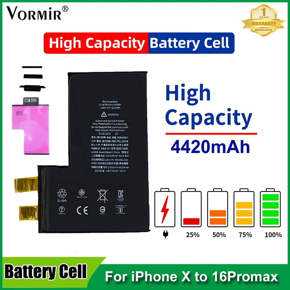 

5 шт. аккумуляторных элементов Vormir без гибкого шлейфа для iPhone 11 12 13 14 15 16PM, высококачественные запасные части для замены батареи, требуют пайки платы BMS